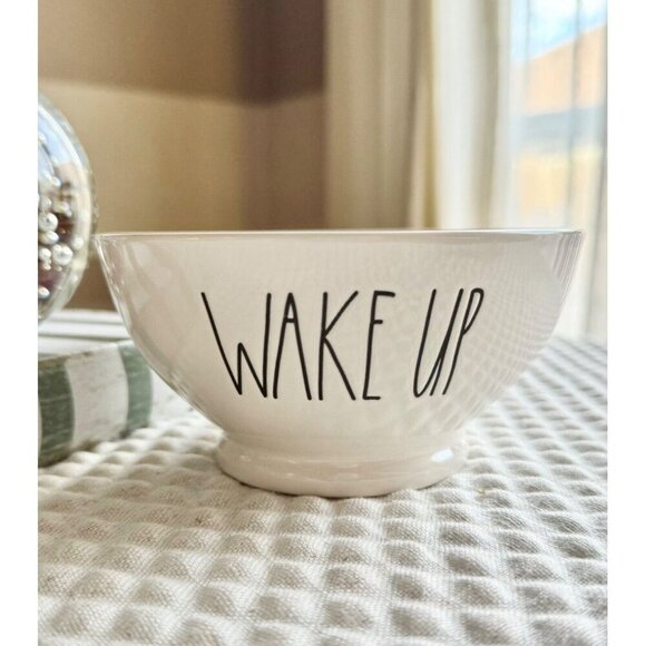 New Rae Dunn Ceramic WAKE UP Large Letter Font Pedestal Footed Cereal Bowl - Picture 1 of 4
